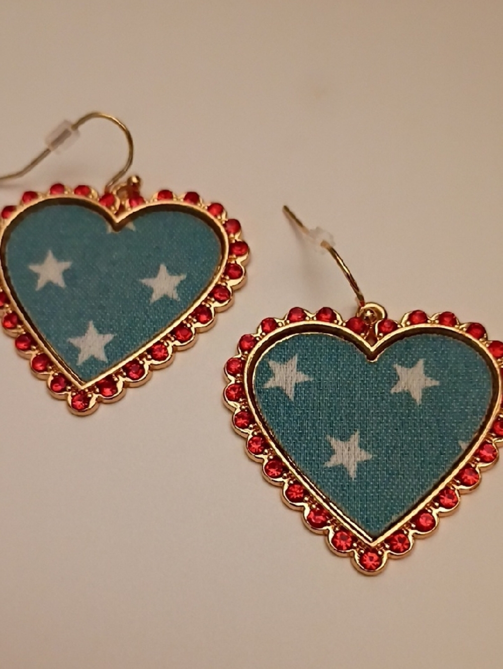 Gold-Tone Heart Drop Earrings with Teal Star Fabric and Red Crystal Halo